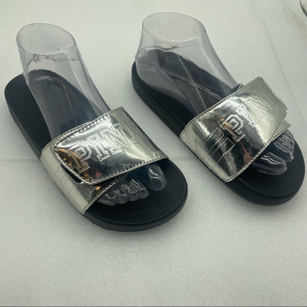 Victoria's Secret PINK Slides Shoes Size Small 5 - 6 Metallic Silver